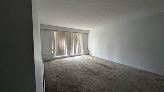 A room with a carpeted floor and a window with blinds.