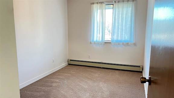 A room with a carpeted floor, a window with curtains, and a closed door.
