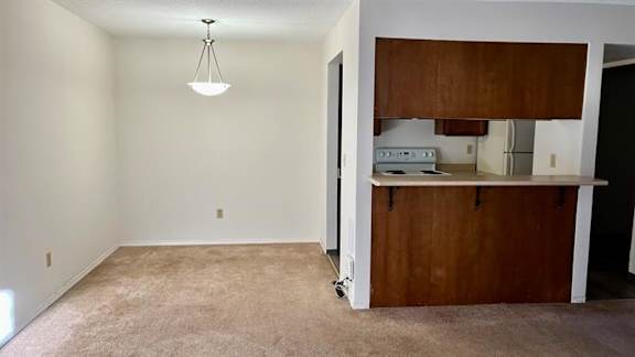 A room with a brown cabinet and a white ceiling light.