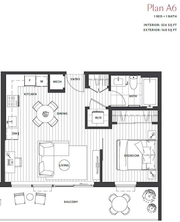 A drawing of a floor plan for a one bedroom apartment.