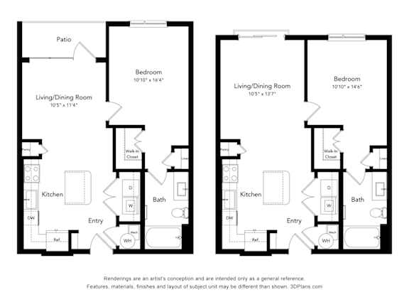 1  Bed   1  Bath   667-to686 Sq. Ft. A1 Floorplan at Bridges at Flatiron, Broomfield, CO