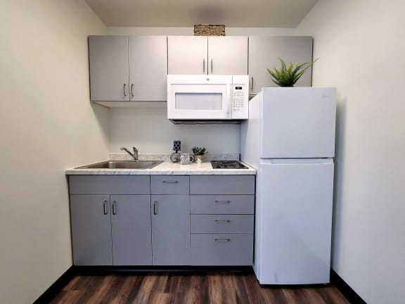 a kitchen with a sink microwave and refrigerator