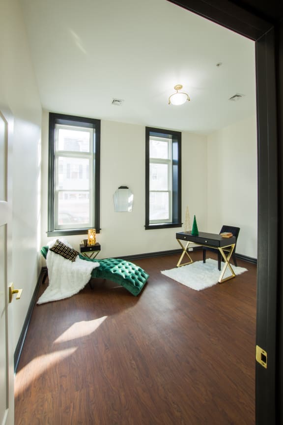 a living room with a couch and a table