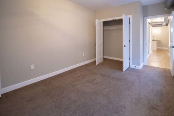 an empty living room with an open door to a closet