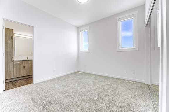 A spacious room with a carpeted floor and two windows.