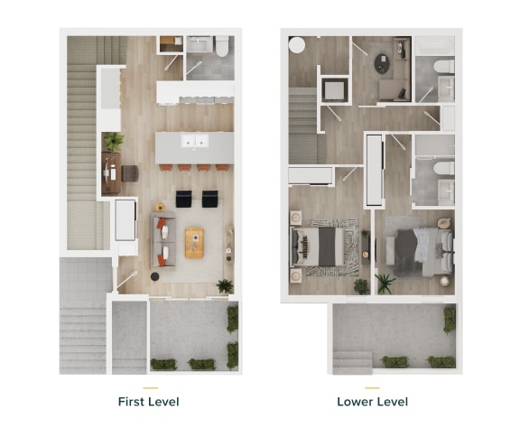 a comparison of first level and lower level floor plans