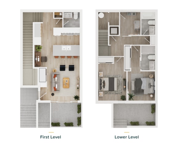 a comparison of first level and lower level floor plans
