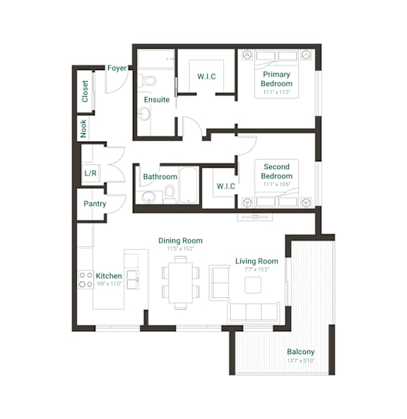 A black and white floor plan of an apartment with a living room, dining room, kitchen, two bedrooms, a bathroom, and a balcony.