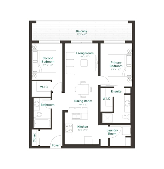 A floor plan of a home with a living room, dining room, kitchen, and two bedrooms.