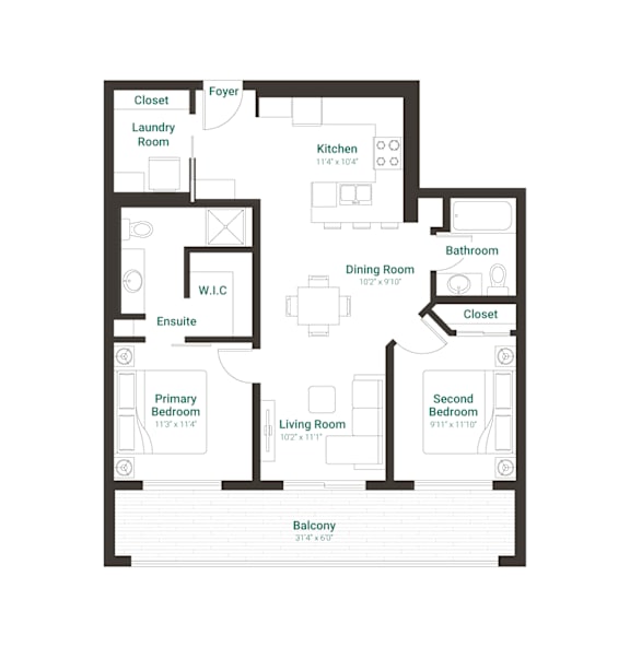 A floor plan of a house with a living room, dining room, kitchen, two bedrooms, and a laundry room.