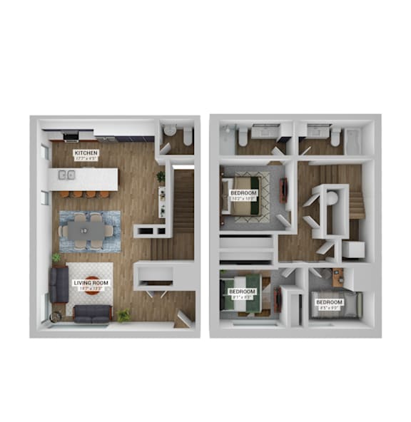 A diagram of a house layout with two bedrooms, a living room, and a kitchen.