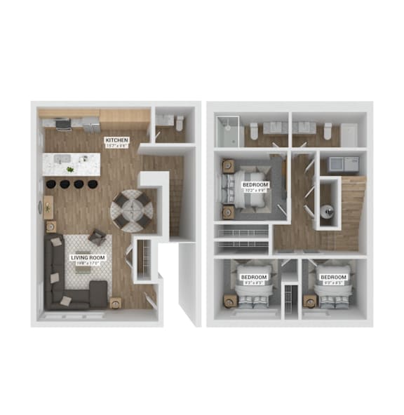 A diagram of a house layout with a kitchen, living room, and four bedrooms.
