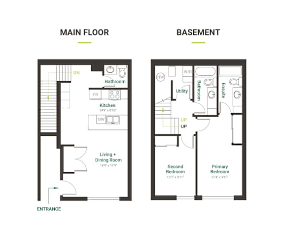 A floor plan of a house with a main floor and basement.