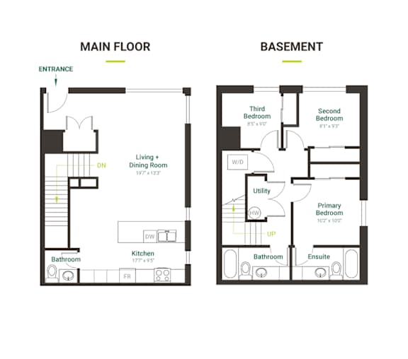 A floor plan of a house showing the main floor and basement.