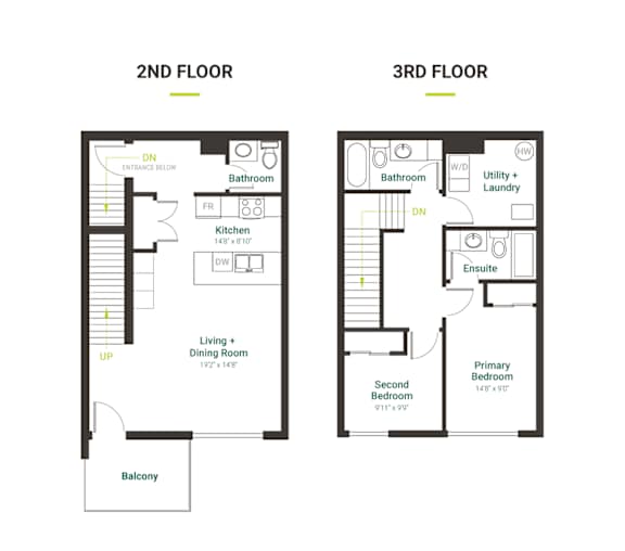 A diagram of a two-story house with labeled rooms and dimensions.