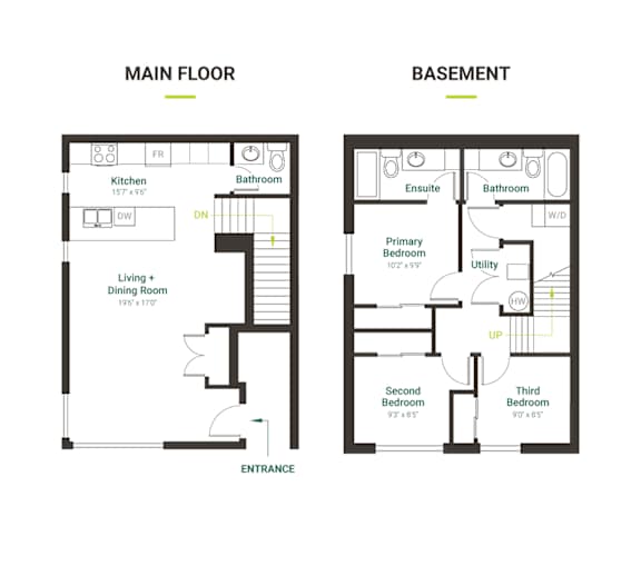 A floor plan of a house showing the main floor and basement.