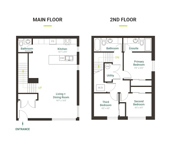 A floor plan of a two-story house with a living room, dining room, kitchen, and three bedrooms.