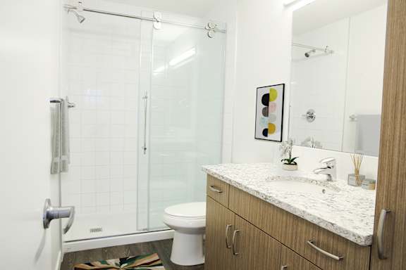 A bathroom with a white toilet, a sink, and a shower.