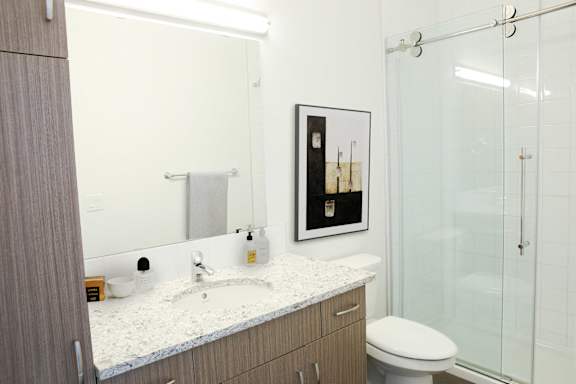 A bathroom with a white counter top and a toilet.