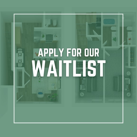A poster with the text "Apply for our waitlist" over a background image of a room with shelves and a desk.