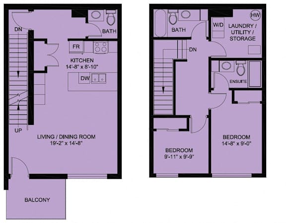 A purple floor plan of a two-bedroom apartment with a living room, kitchen, and balcony.