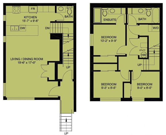 A floor plan of a house with two bedrooms, a living room, a kitchen, and an en suite bathroom.