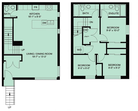 A floor plan of a two-bedroom apartment with a living room and kitchen.