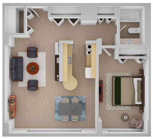 a stylized floor plan of a house with a bedroom and living room