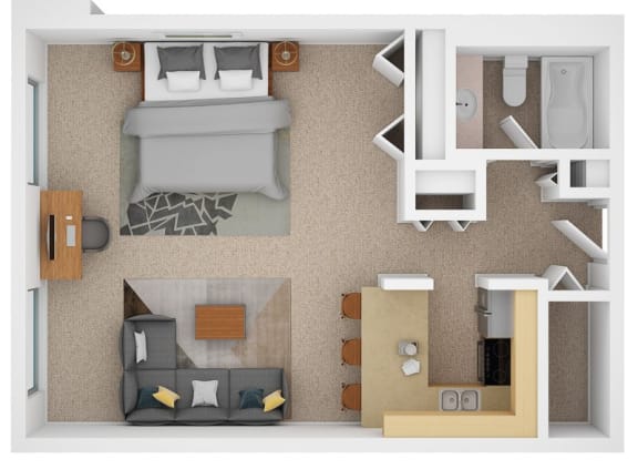 a stylized floor plan with a bedroom and living room