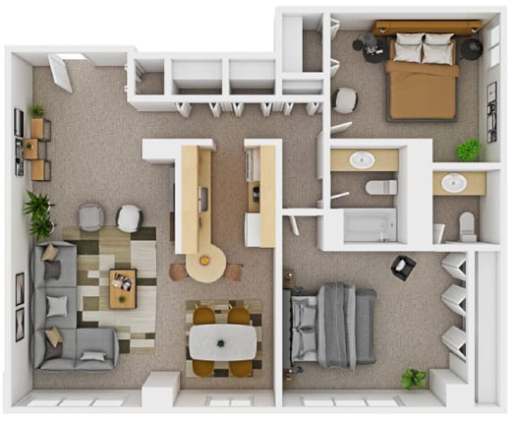 a stylized floor plan with a bedroom and living room