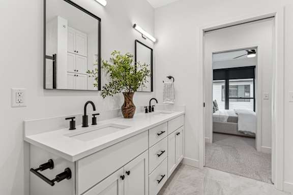 A white bathroom with a large mirror and a plant on the sink.