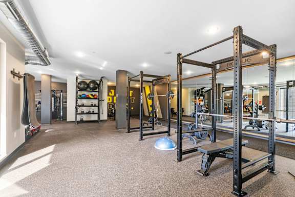 A gym with a variety of equipment including a squat rack and a bench press.