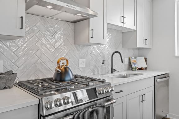 a kitchen with a stove and a sink