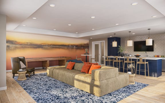 a living room filled with furniture and a large painting of a lake on the wall
