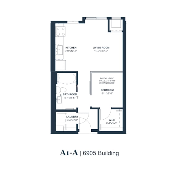 A floor plan of apartment A1-A in the 6905 Building.