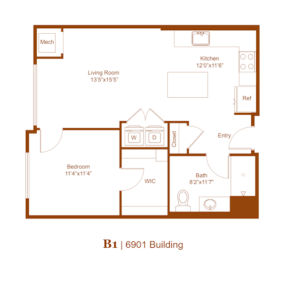 A floor plan of a B1 6901 Building with a living room, kitchen, bath, and bedroom.