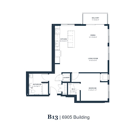 A floor plan of apartment B13 in the 6905 Building.