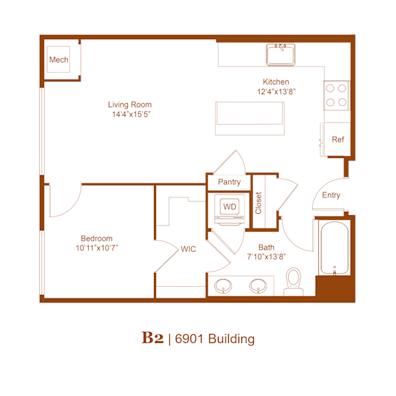 A floor plan of a B2 | 6901 Building with a living room, kitchen, pantry, bath, and bedroom.