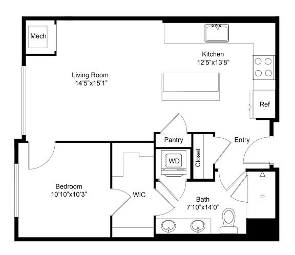 A floor plan of a house with a kitchen, living room, bedroom, bathroom, and pantry.