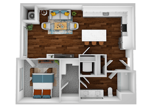 A top-down view of a small apartment with a living room, kitchen, and bedroom.
