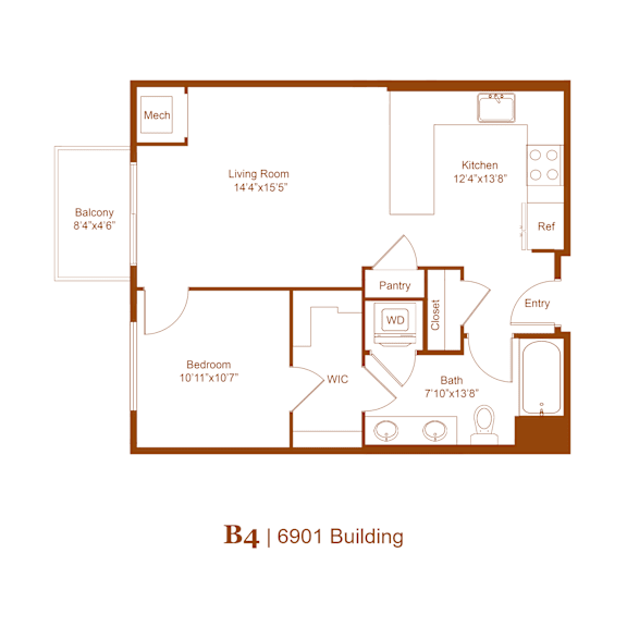 A floor plan of a B4 | 6901 Building with a living room, kitchen, pantry, bath, and bedroom.