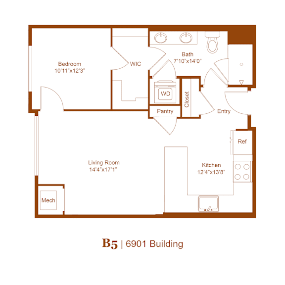 A floor plan of a B5 | 6901 Building with a living room, kitchen, bath, bedroom, and closet.