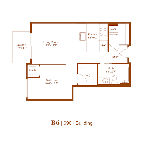 A floor plan of apartment B6 in the 6901 Building.