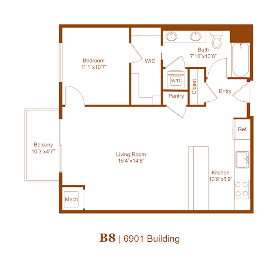 A floor plan of apartment B8 in the 6901 Building.