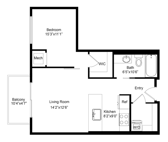A floor plan of a house with a living room, kitchen, bathroom, and two bedrooms.