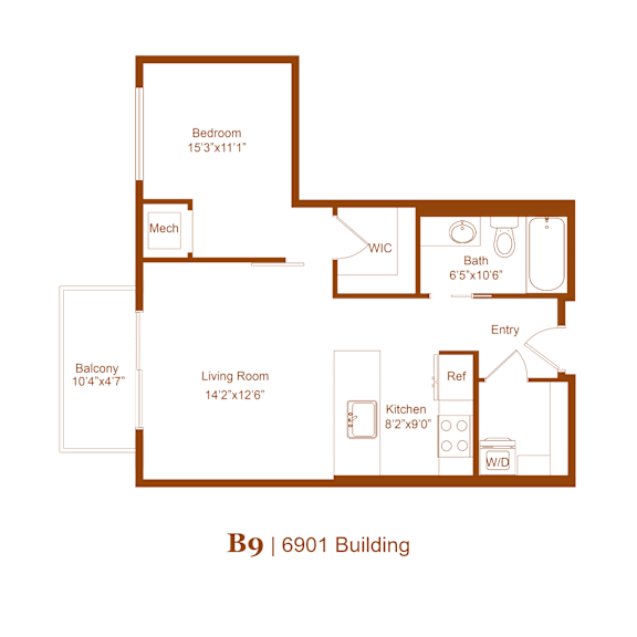 A floor plan of apartment B9 in the 6901 Building.