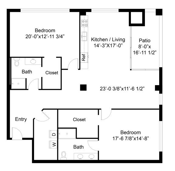 a floor plan of a two bedroom apartment with a bathroom and a closet