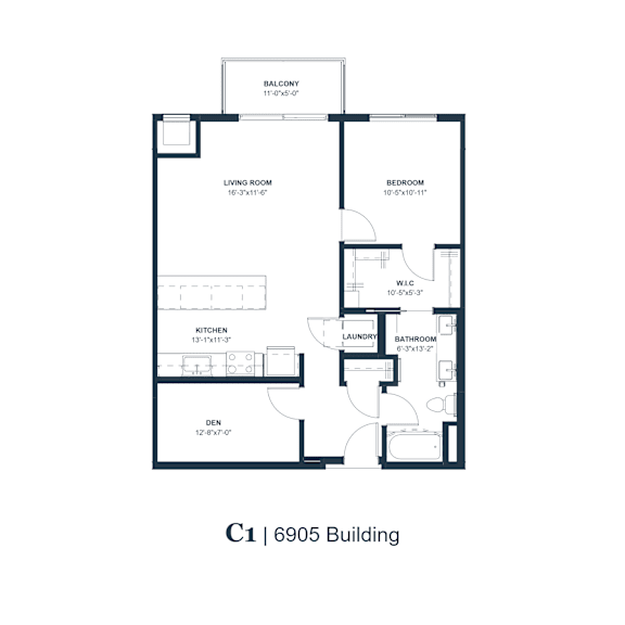 A floor plan of a building with a balcony, living room, kitchen, bathroom, laundry, bedroom, and den.