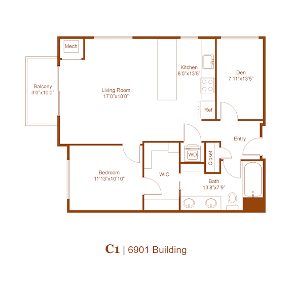A floor plan of a C1 6901 Building is shown with a kitchen, living room, den, bath, and bedroom.