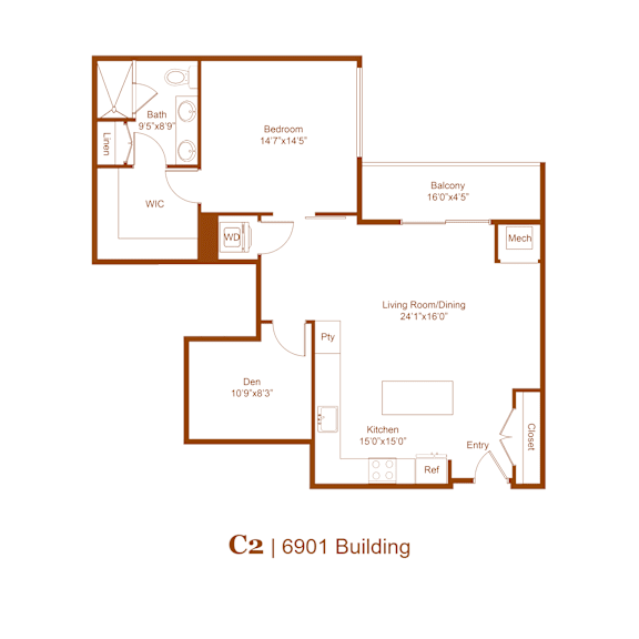 A floor plan of a C2 | 6901 Building with a bathroom, bedroom, living room/dining room, kitchen, and a den.
